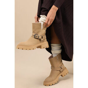 Lulus Rylander Sand Suede Moto Ankle Boots Beige - Size 8
